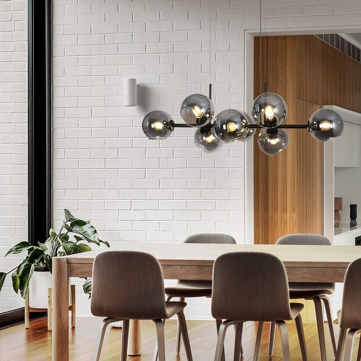 Modern Linear Smoky Gray Glass Globe Shade Chandelier with Painted Iron Finish for Dining Room and Kitchen