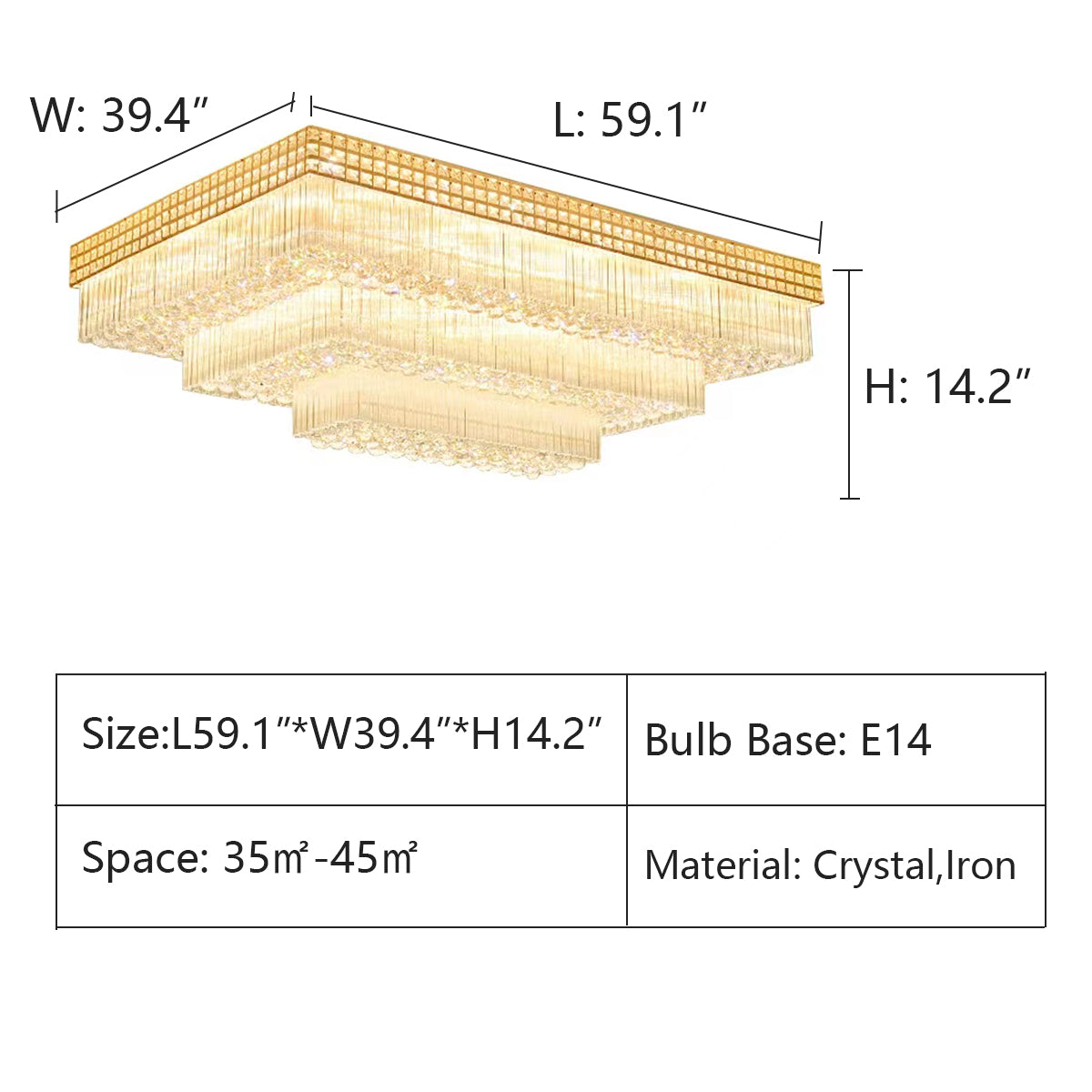 Extra Large Three Layers Rectangular Luxury Flush Mounted Crystal Chandelier for Living Room