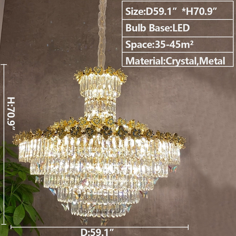 Modern Light Luxury Art Design Butterfly Multi-Tiered Round Crystal Chandelier with Golden Flowers for Living