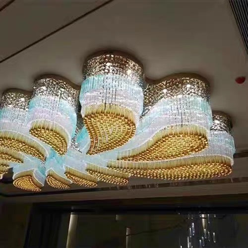 Custom Extra Large Floral Flush Mount Crystal Chandelier with Stainless Steel Finish for Hotel Restaurant