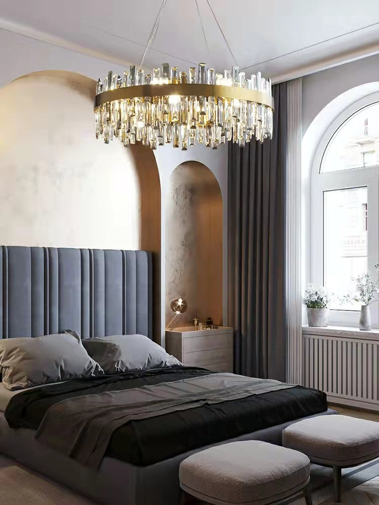 Luxury Round Crystal Chandelier with Stainless Steel Finish Modern Ceiling Light for Living and Dining Room