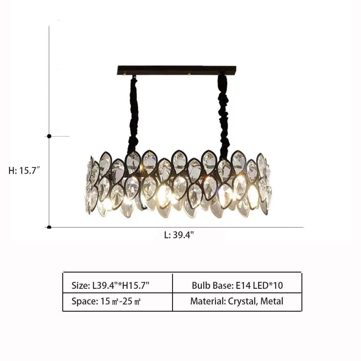 Modern Black Chandelier with Leaf-Shaped Crystal Suit for Living & Dining Room