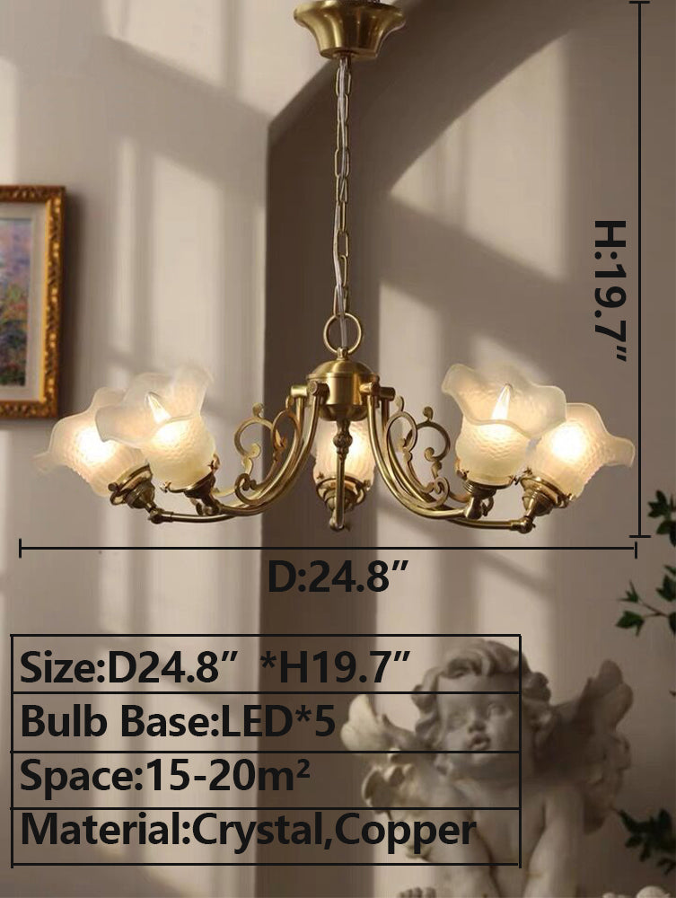 American Retro Vintage Flower Branch Glass and Copper Chandelier for Bedroom and Living Room