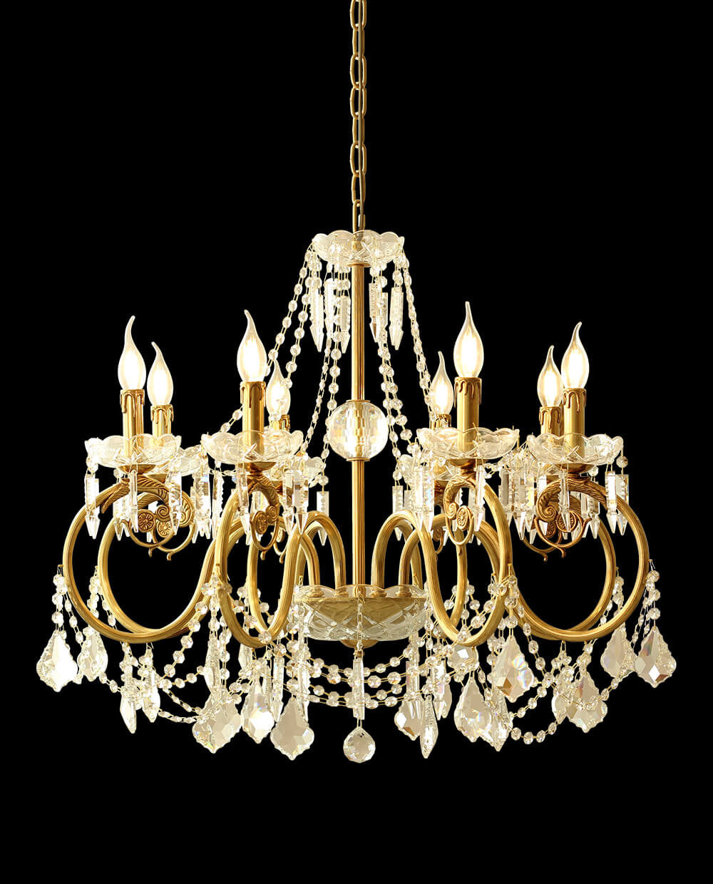 8 Lights Candle Style Small Brass and Crystal Chandelier for Bedroom
