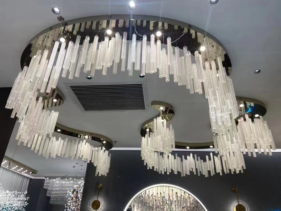 Modern Irregular Floating Hollow Glass Cylinder Chandelier for Living Room / hotel / restaurant