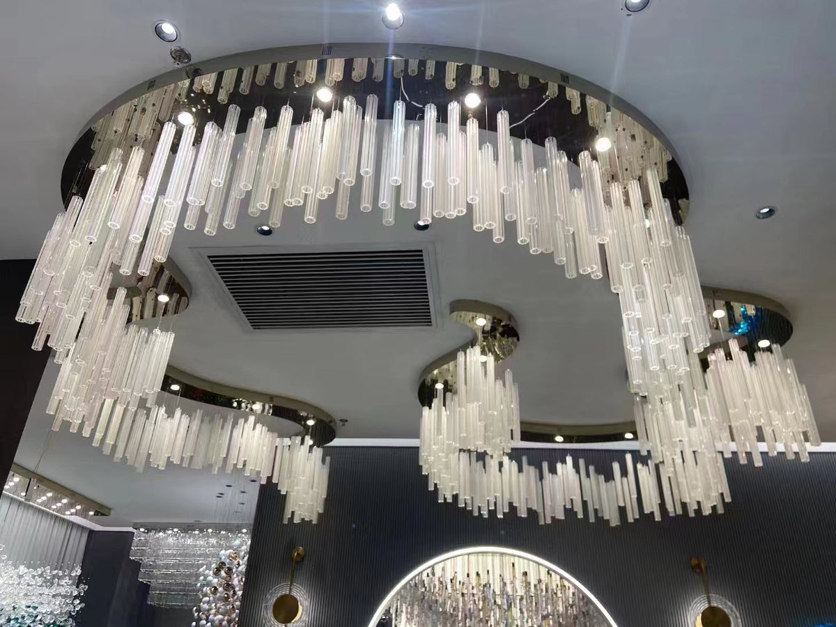 Modern Irregular Floating Hollow Glass Cylinder Chandelier for Living Room / hotel / restaurant