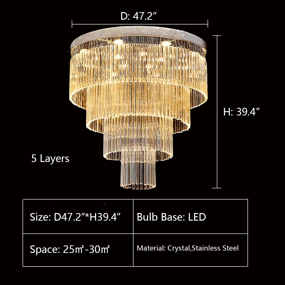 Extra Large Multi-Tier Round Flush Mount Light Crystal Rod Chandelier for Living Room / foyer