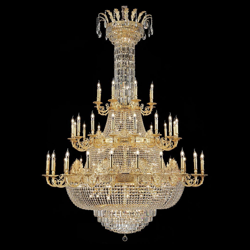 Luxury Empire Multi-Tiered Candle Crystal Chandelier with Gold Finish, High-Quality K9 Crystal and Brass