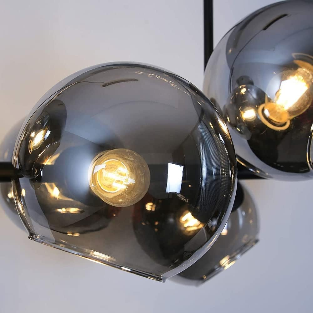 Modern Linear Smoky Gray Glass Globe Shade Chandelier with Painted Iron Finish for Dining Room and Kitchen