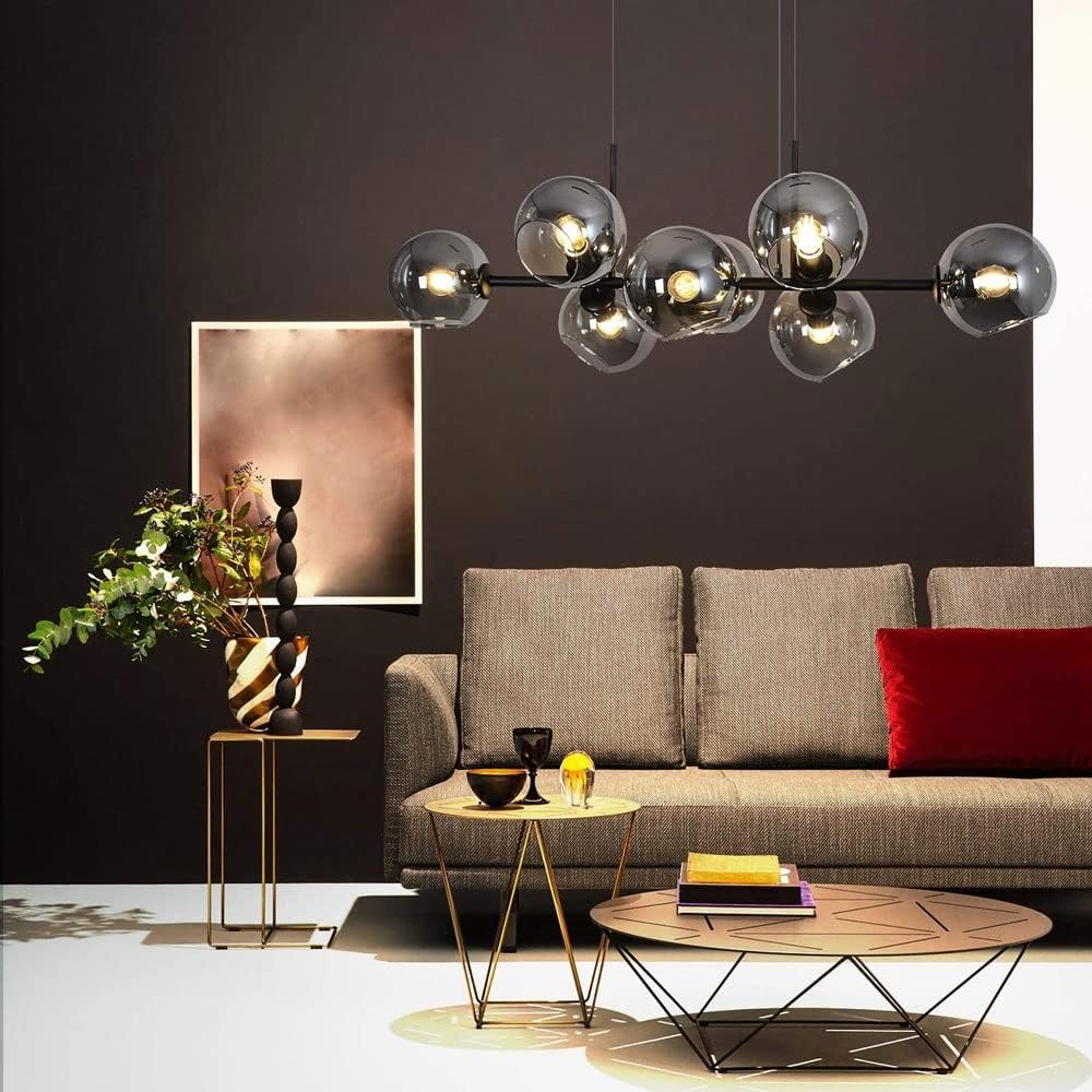 Modern Linear Smoky Gray Glass Globe Shade Chandelier with Painted Iron Finish for Dining Room and Kitchen