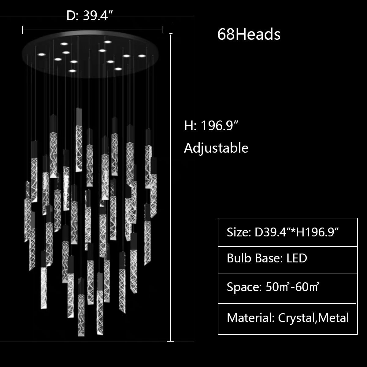 Extra Large Modern K9 Crystal Rod Pendant Long Chandelier for Staircase / living Room / foyer
