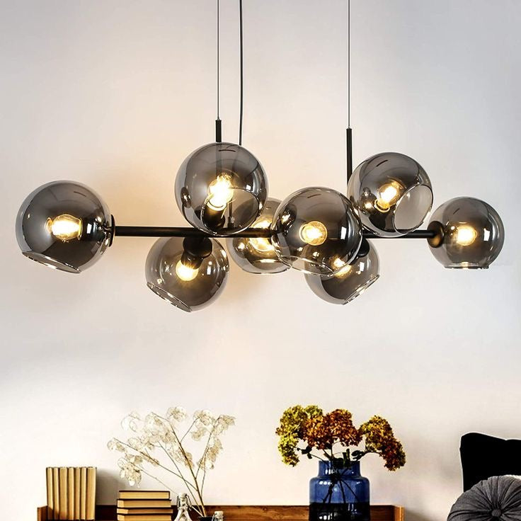 Modern Linear Smoky Gray Glass Globe Shade Chandelier with Painted Iron Finish for Dining Room and Kitchen