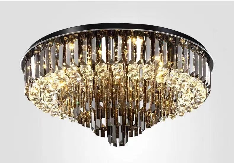 Smoke Gray Crystal Round Flush Mount Chandelier Light Luxury Finish