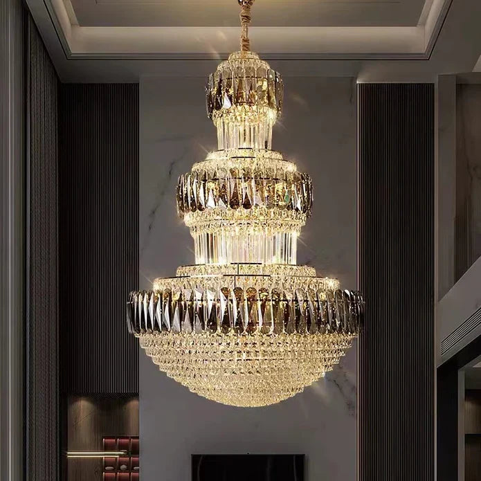 Golden Era Grand Cascade Round Chandelier with Smoky Gray & Clear K9 Crystal Finish for High Ceilings