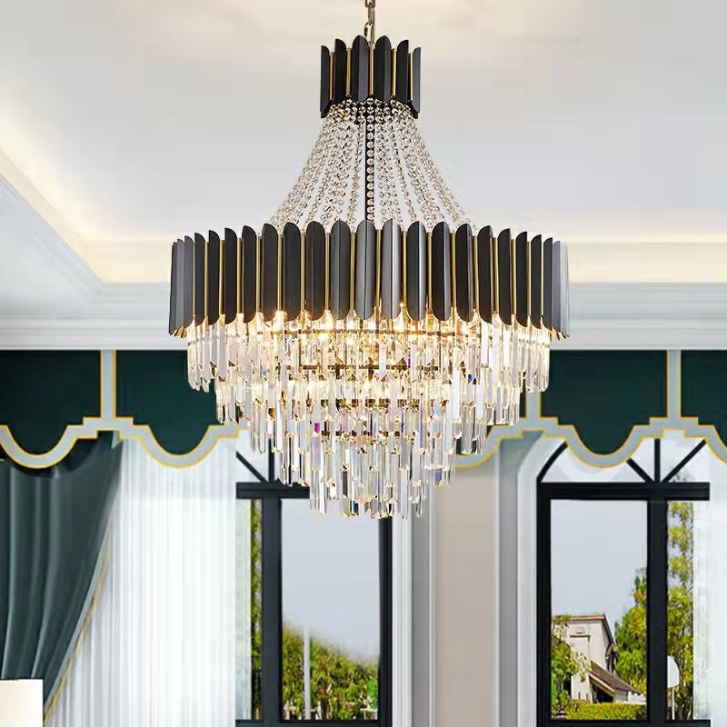 Black Crystal and Stainless Steel Round Chandelier Ceiling Light , Modern Finish
