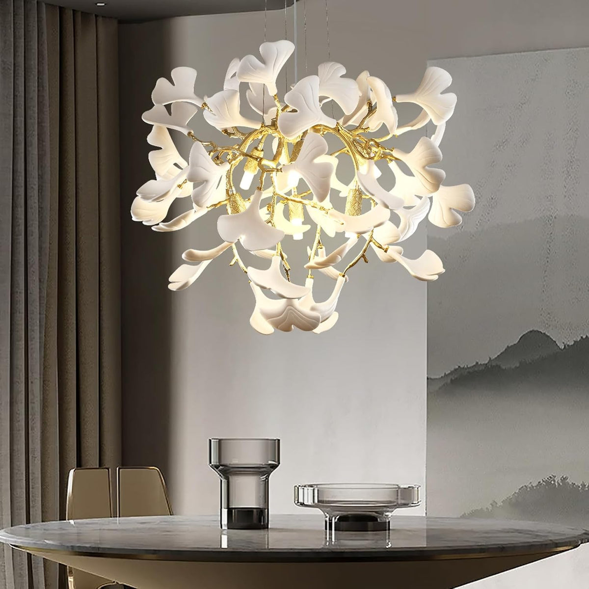 23.6-InchGold and White Ceramic Ginkgo Leaf Chandeliers