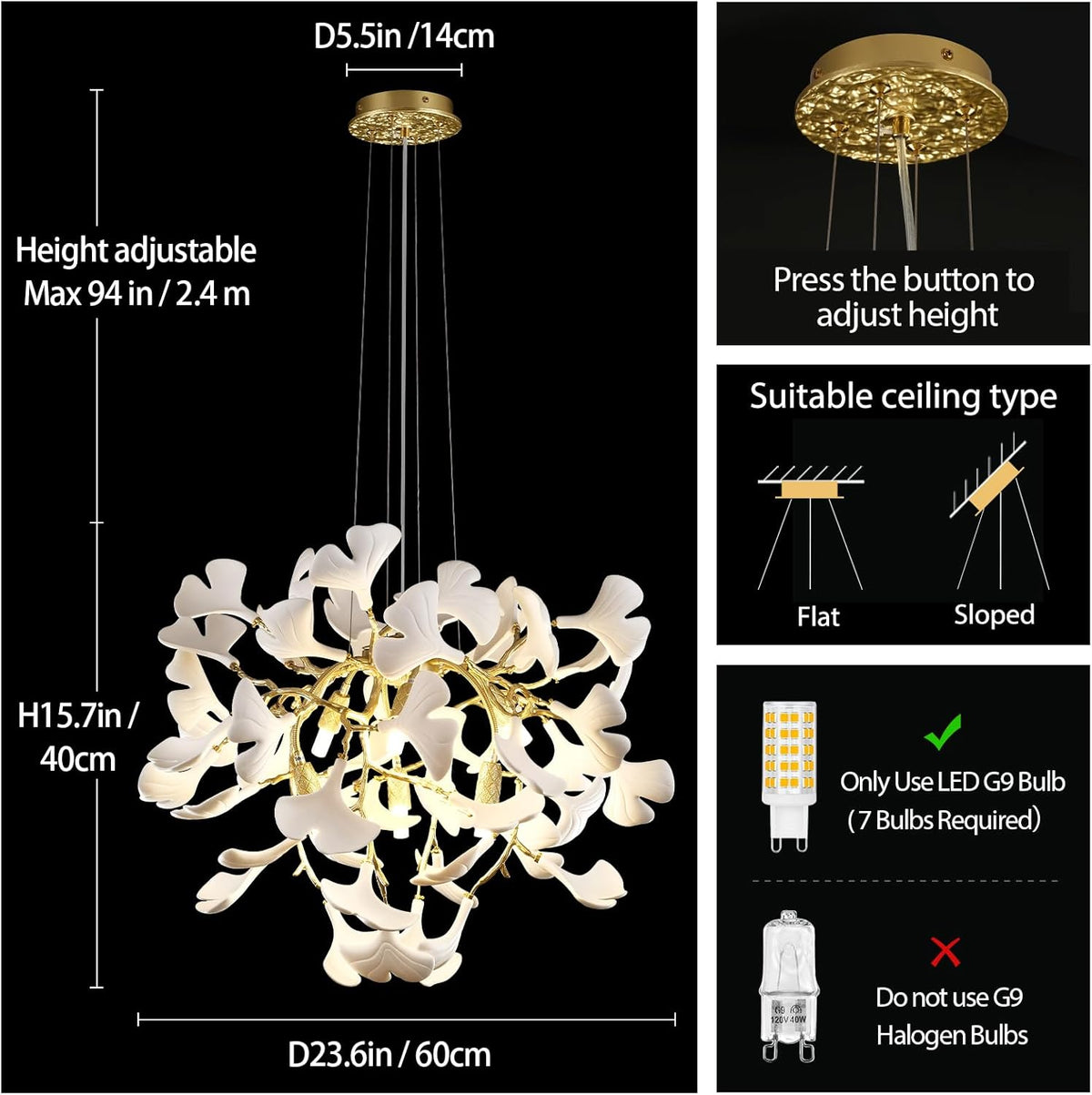 23.6-InchGold and White Ceramic Ginkgo Leaf Chandeliers