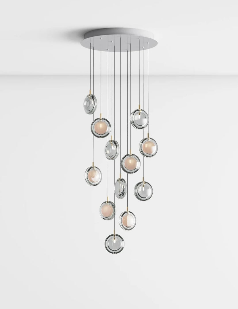 Multi-Colored Round Glass and Metal Suspension Light Chandelier