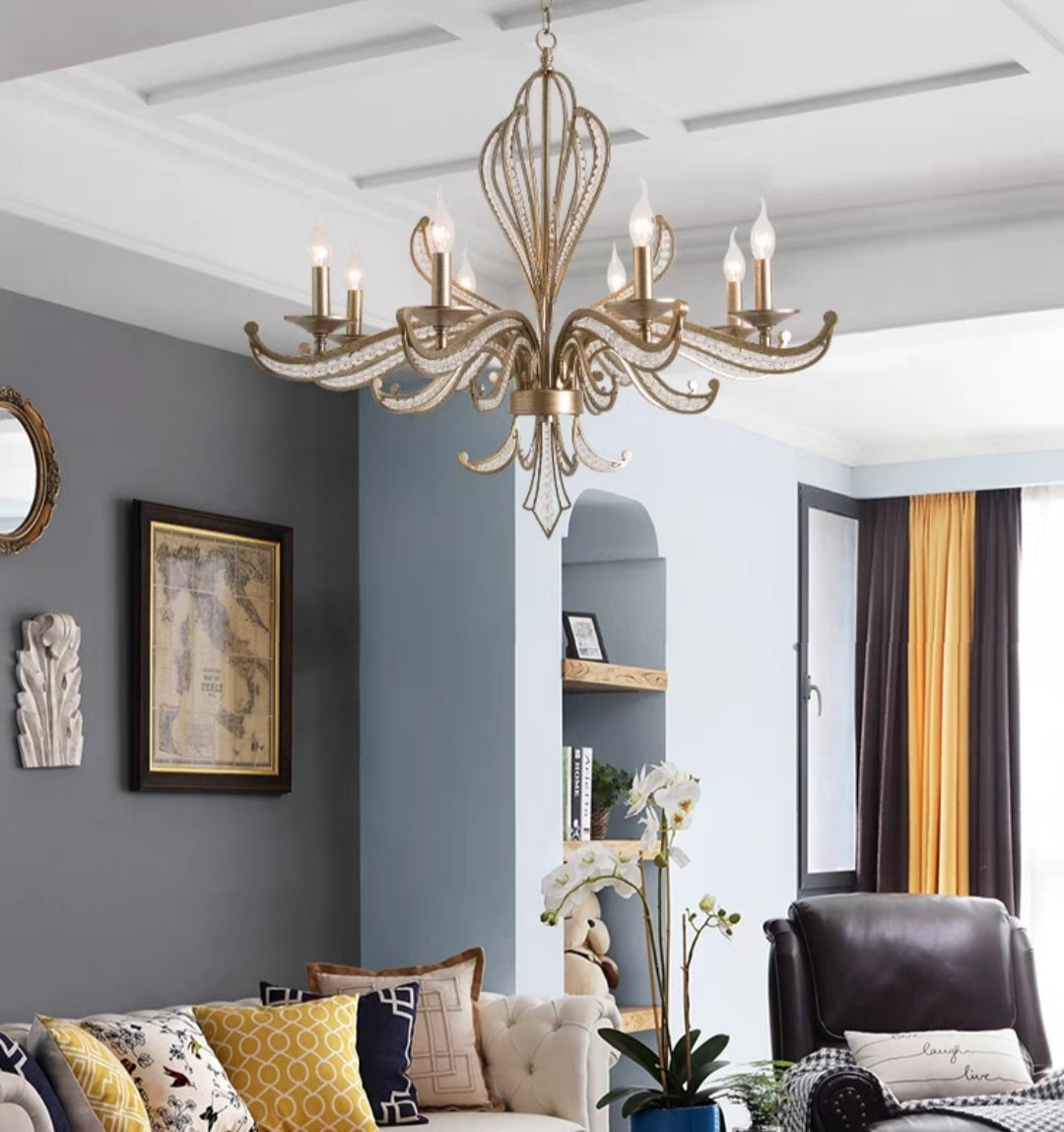 Vintage Silver Finish Crystal and Iron Candle Chandelier for Living Room and Dining Room