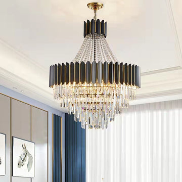 Black Crystal and Stainless Steel Round Chandelier Ceiling Light , Modern Finish