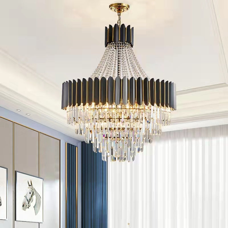 Black Crystal and Stainless Steel Round Chandelier Ceiling Light , Modern Finish