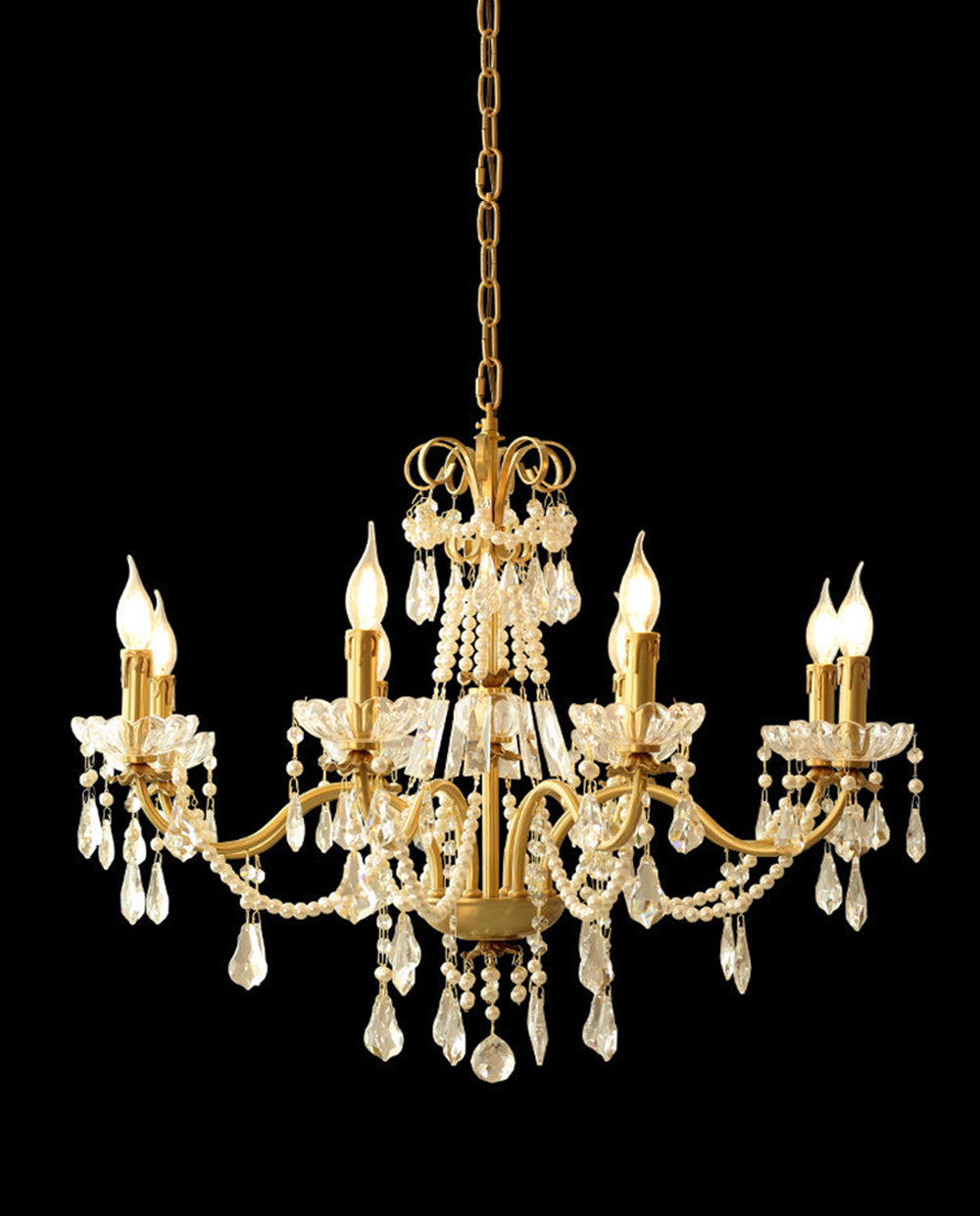 8 Lights Candle Style Small Gold Chandelier Luxury Brass Arm Chandelier with Acrylic Pearl Chains