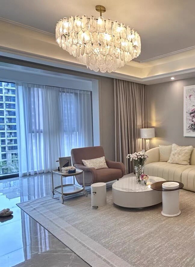 Post-Modern Creative Art Cloud Glass Shell Double Layer Round Chandelier for Living & Dining Room