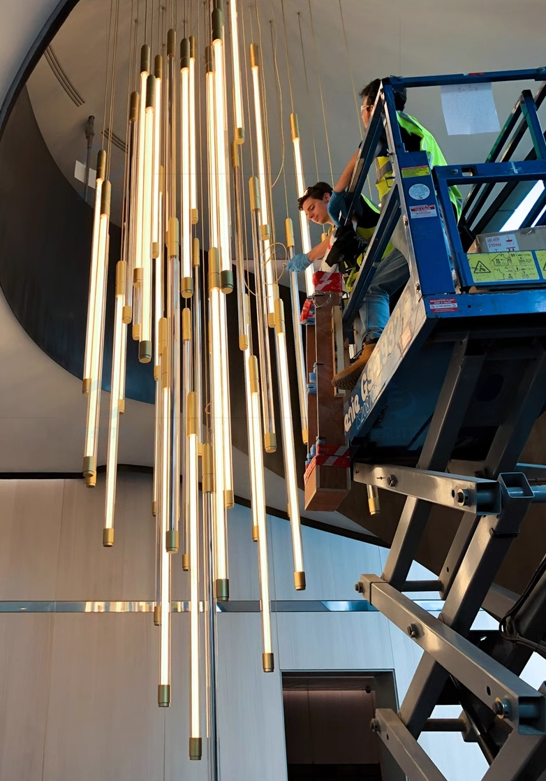 Modern Lightsabers Floating Tube Chandelier with Acrylic and Iron Finish, 512-System Raindrop Effect