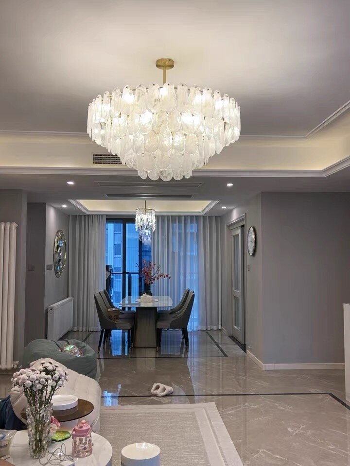 Post-Modern Creative Art Cloud Glass Shell Double Layer Round Chandelier for Living & Dining Room