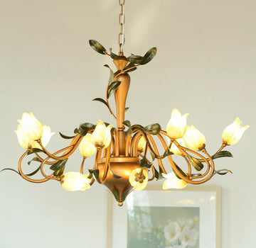 Vintage European Country Style Tulip Flower Chandelier with Brass Finish Wrought Iron Frame for Dining and