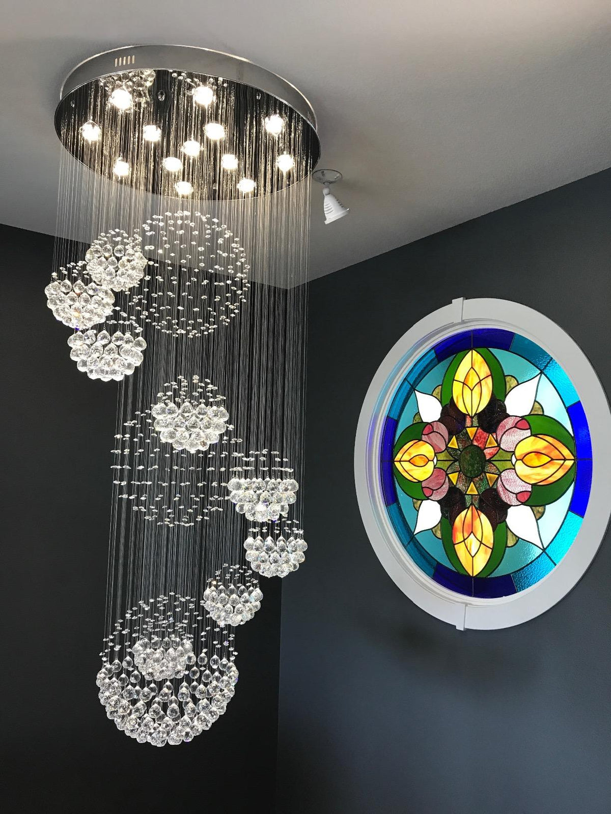 K9 Crystal Raindrop Globe Spiral Chandelier for Entryway and Staircase