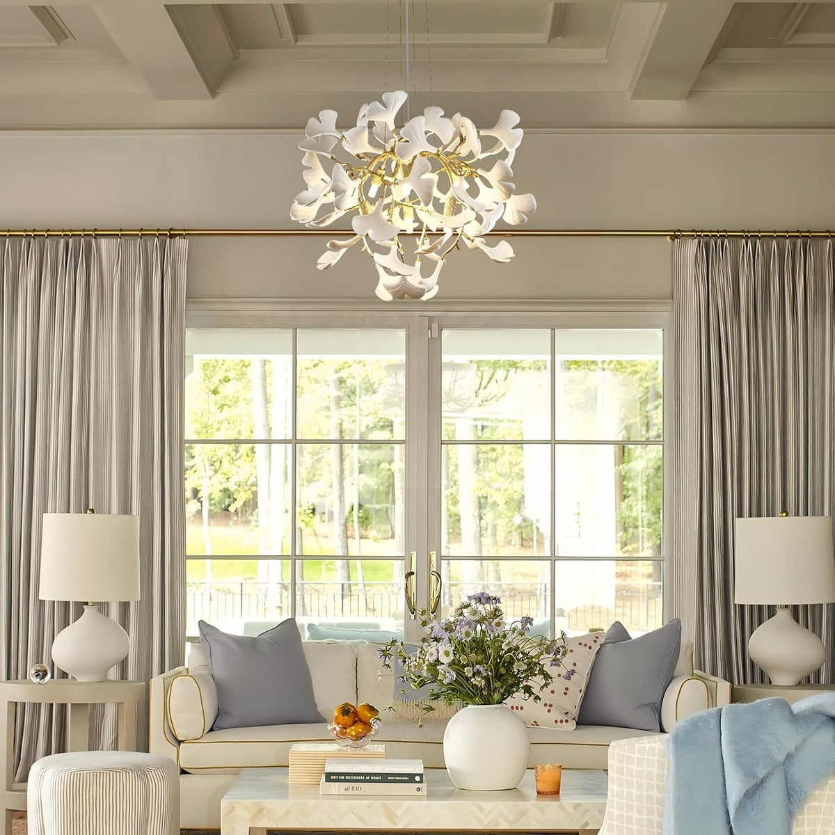 23.6-InchGold and White Ceramic Ginkgo Leaf Chandeliers