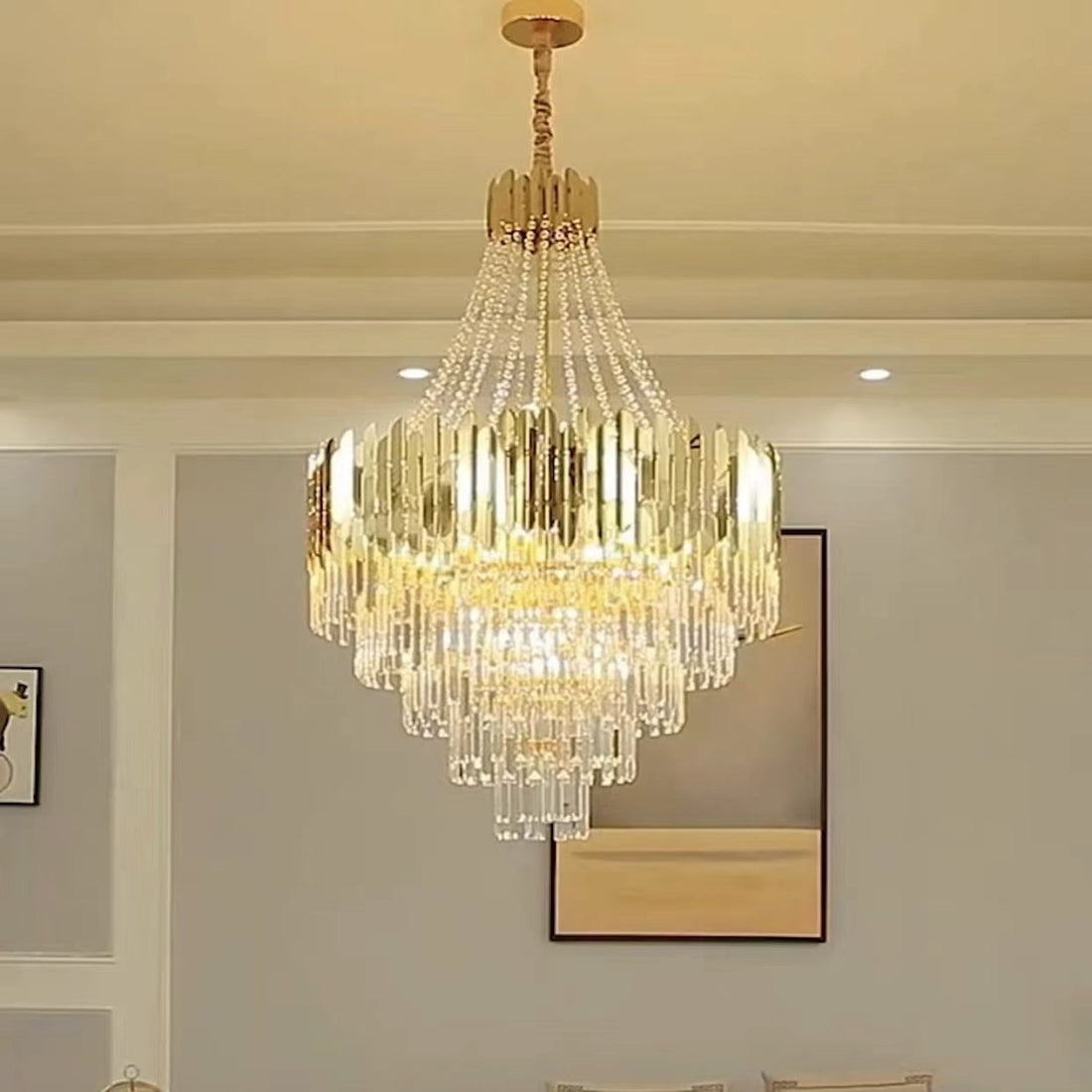 Golden Crystal Hallway Chandelier with Luxury Finish, Modern Ceiling Lamp for Living Room and Staircase