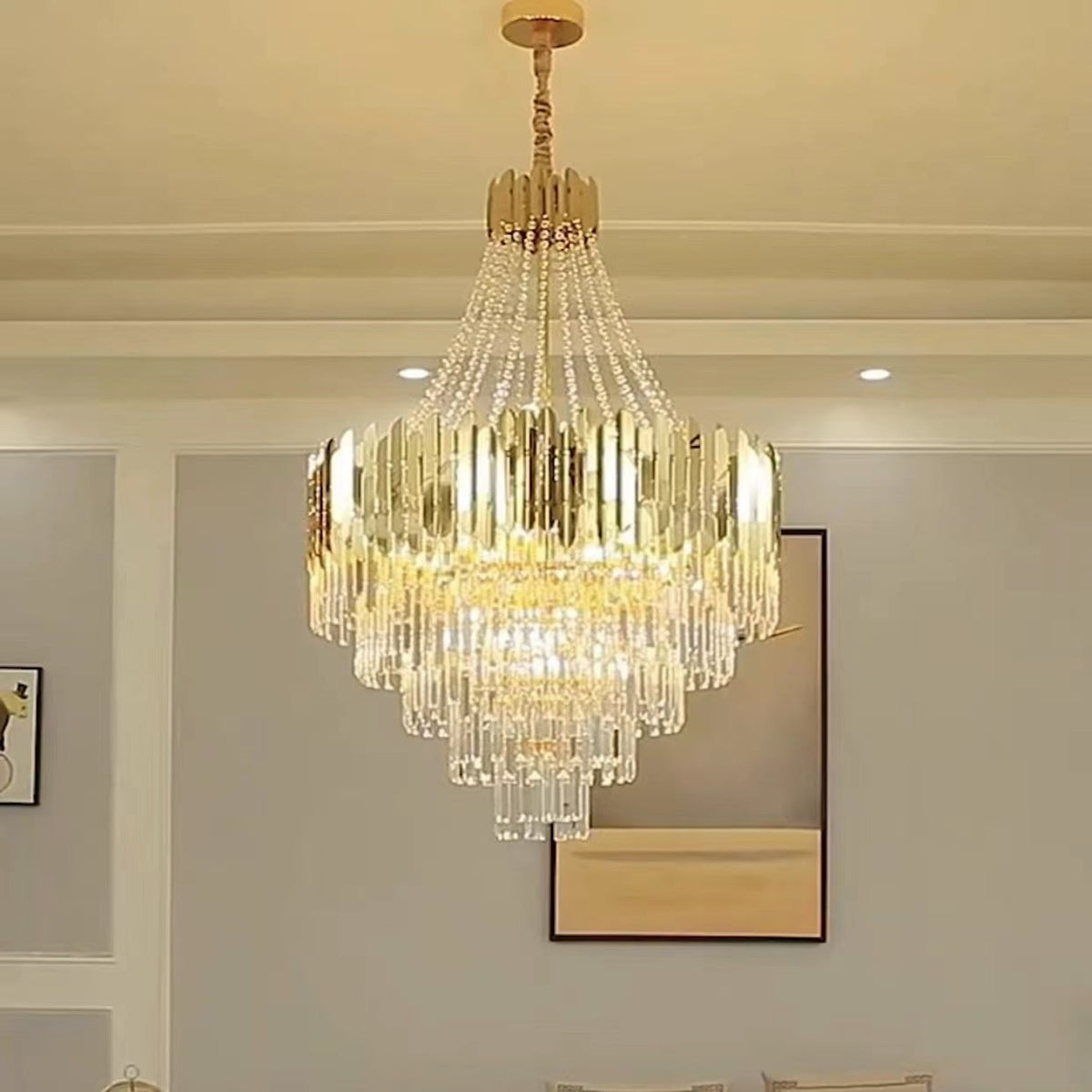 Golden Crystal Hallway Chandelier with Luxury Finish, Modern Ceiling Lamp for Living Room and Staircase