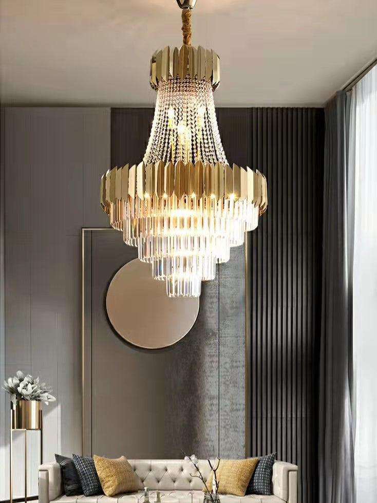 Golden Crystal Hallway Chandelier with Luxury Finish, Modern Ceiling Lamp for Living Room and Staircase