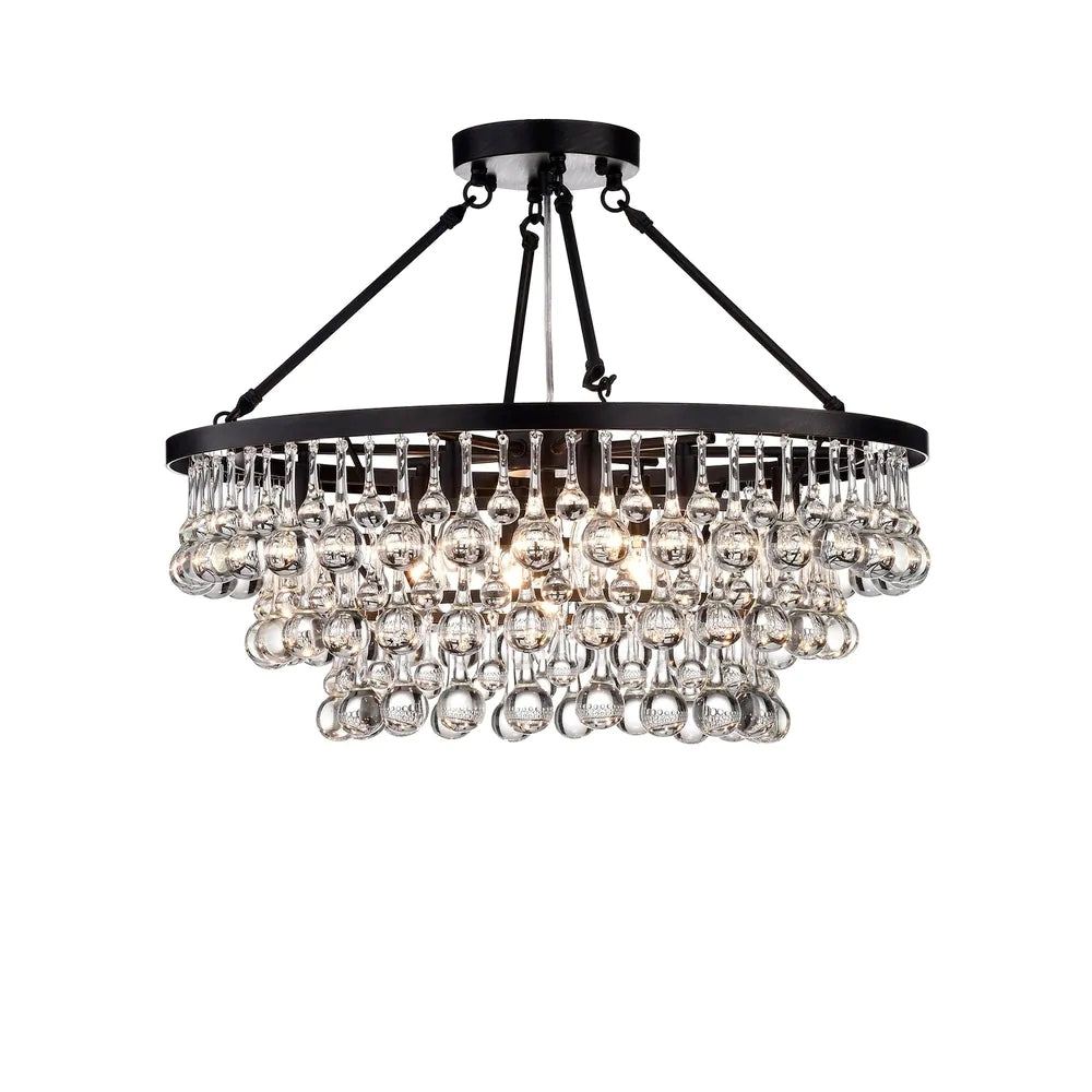Black Finish Iron Semi Flush Mount Light Round Crystal Drops Ceiling Chandelier for Living Room