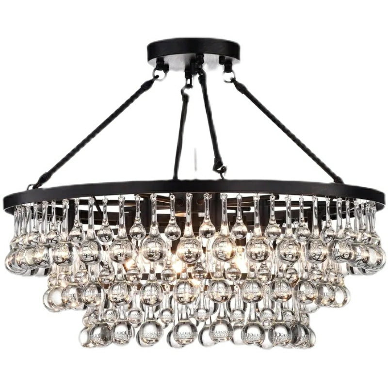 Black Finish Iron Semi Flush Mount Light Round Crystal Drops Ceiling Chandelier for Living Room