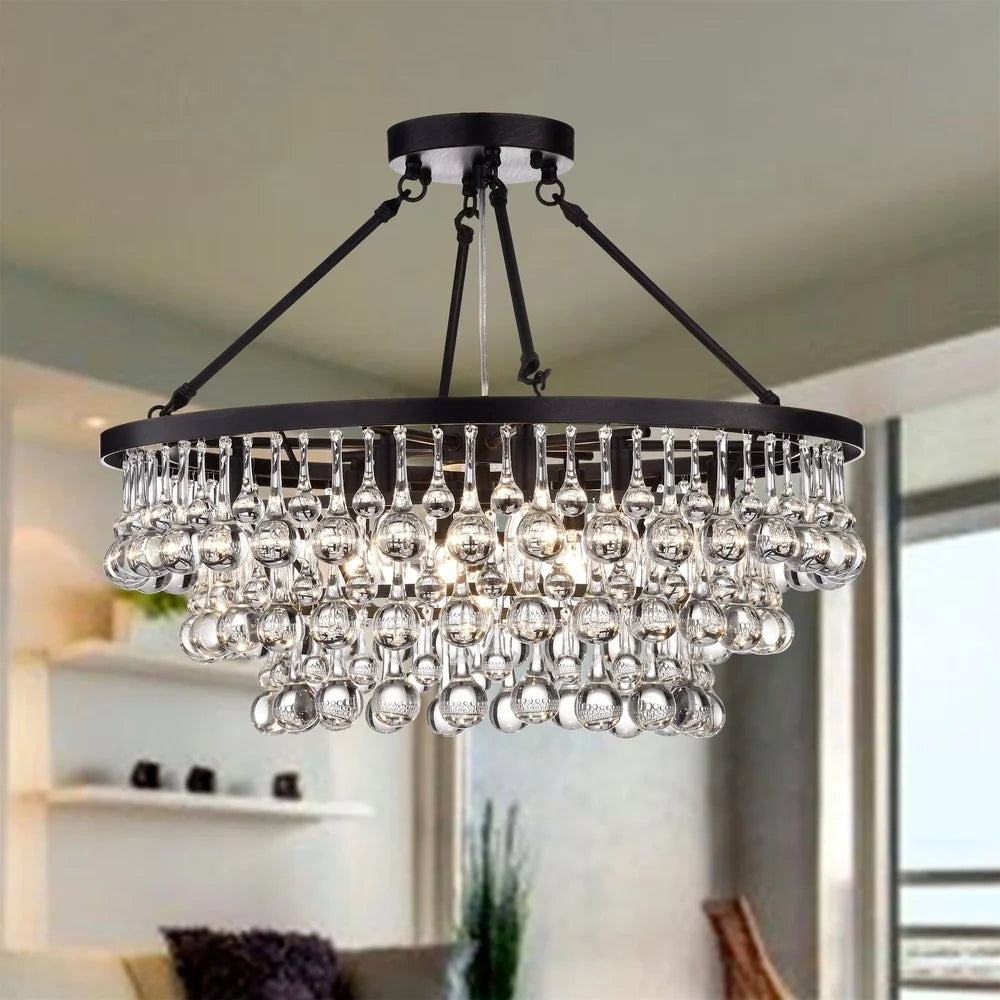 Black Finish Iron Semi Flush Mount Light Round Crystal Drops Ceiling Chandelier for Living Room