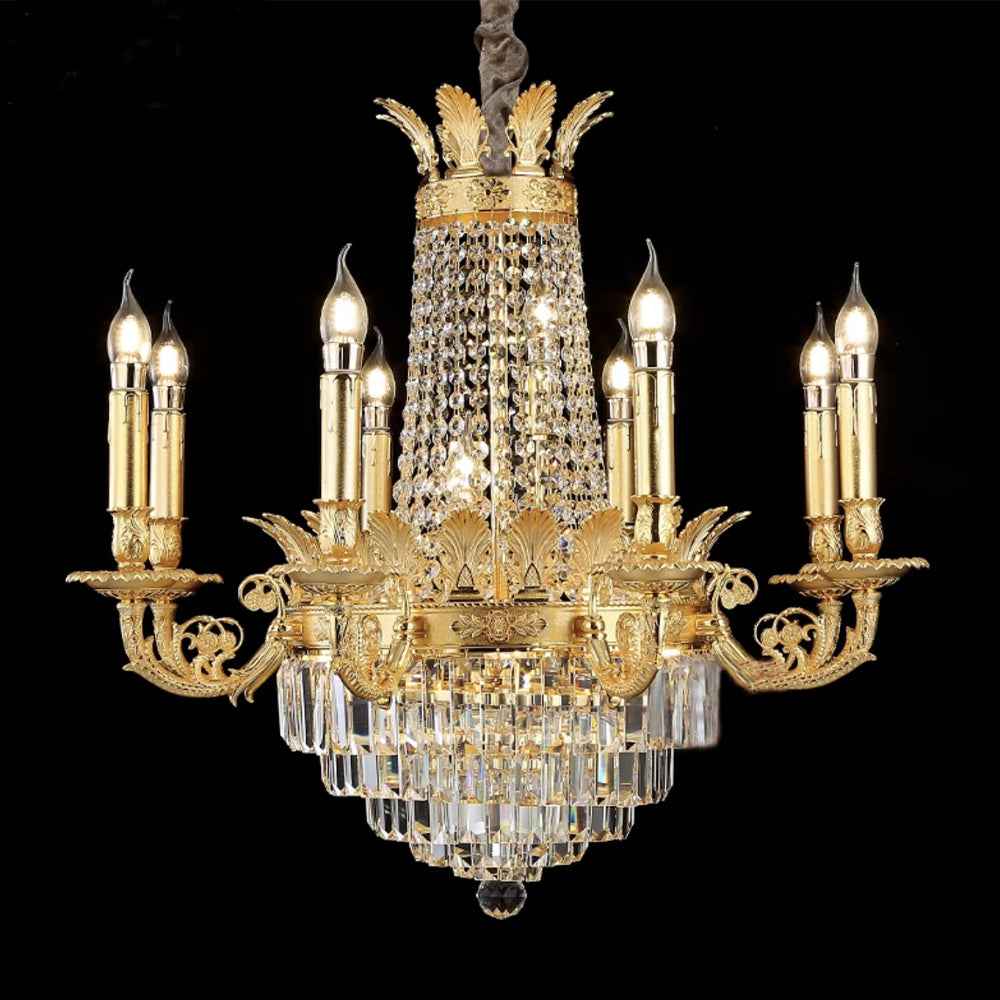 Luxury Empire Multi-Tiered Candle Crystal Chandelier with Gold Finish, High-Quality K9 Crystal and Brass