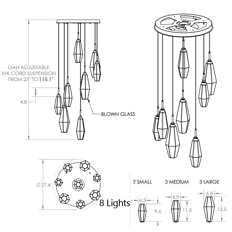 Modern Artisan Crafted Geometric Optic Glass Pendant Light with Metal Finish for Staircase, Foyer, Entryway