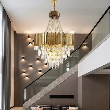 Golden Crystal Hallway Chandelier with Luxury Finish, Modern Ceiling Lamp for Living Room and Staircase