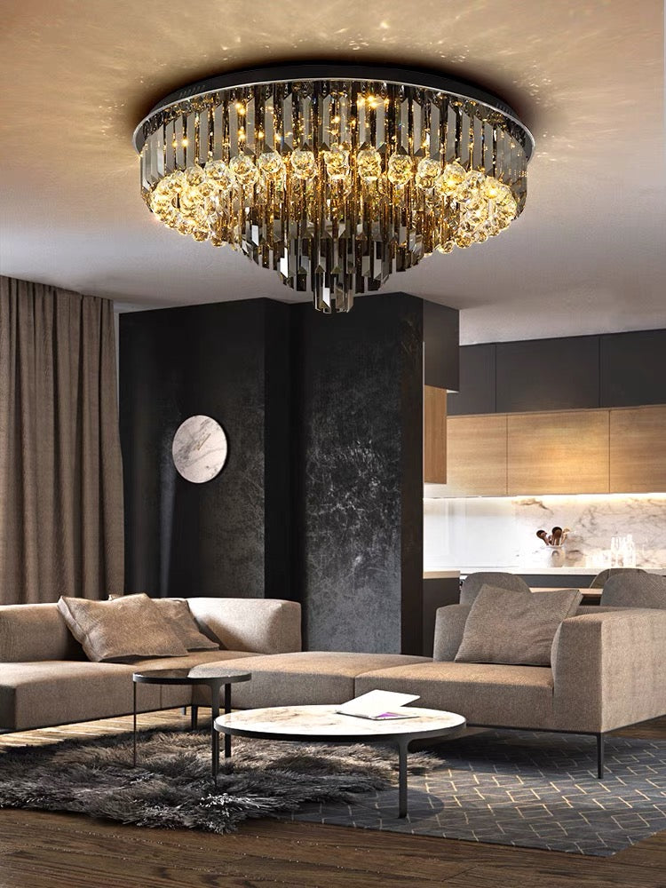 Smoke Gray Crystal Round Flush Mount Chandelier Light Luxury Finish