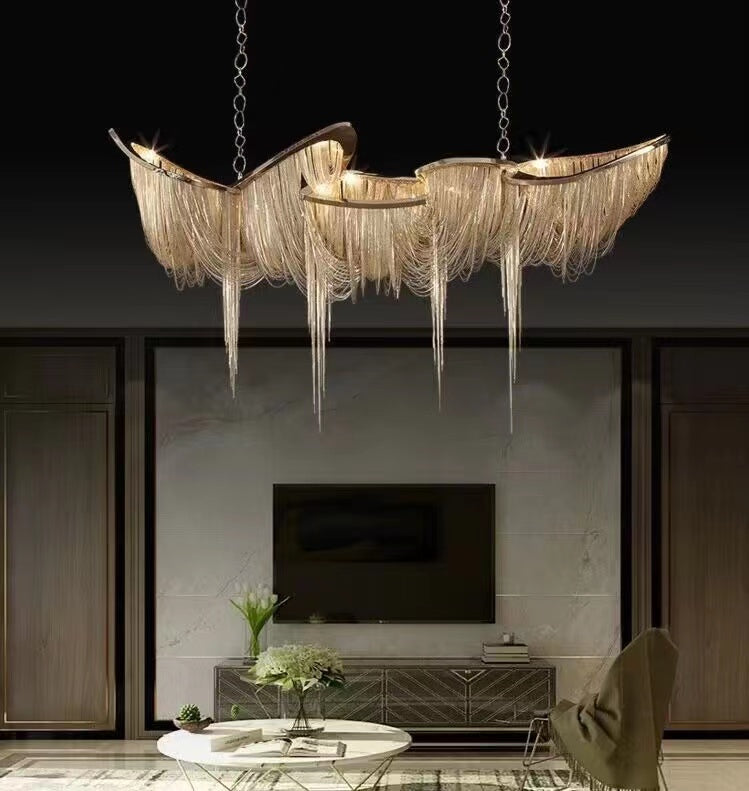 Luxury Tassel Linear Art Crystal Chandelier Italian Gold / sliver Ceiling Dining Table Light