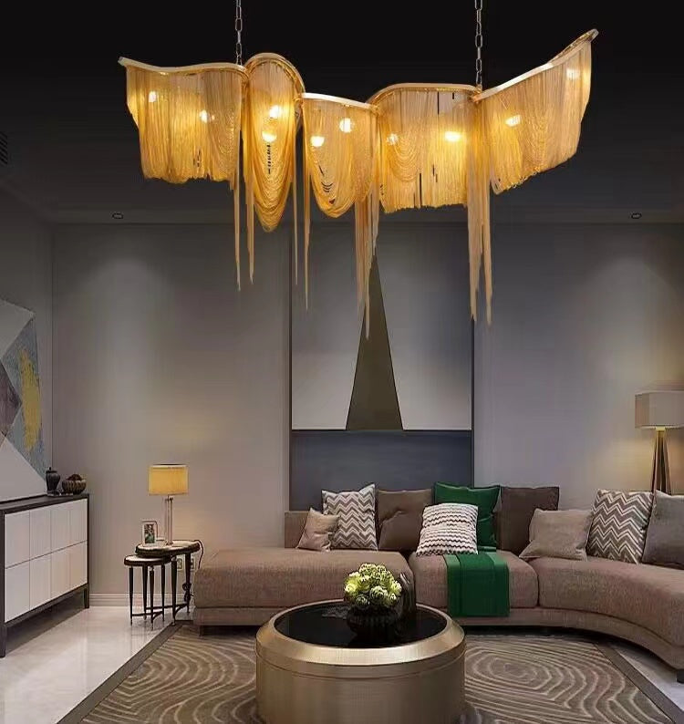 Luxury Tassel Linear Art Crystal Chandelier Italian Gold / sliver Ceiling Dining Table Light
