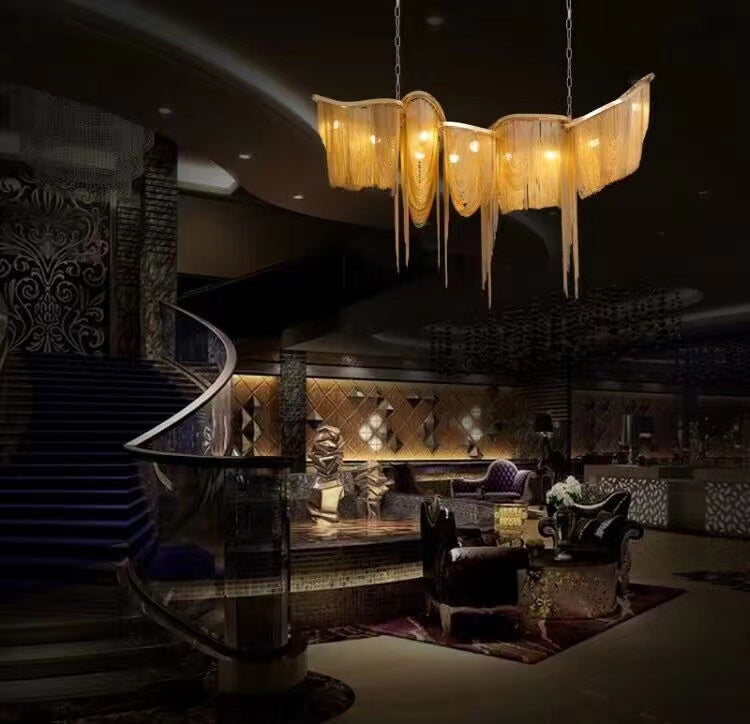 Luxury Tassel Linear Art Crystal Chandelier Italian Gold / sliver Ceiling Dining Table Light