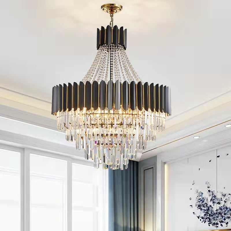 Black Crystal and Stainless Steel Round Chandelier Ceiling Light , Modern Finish