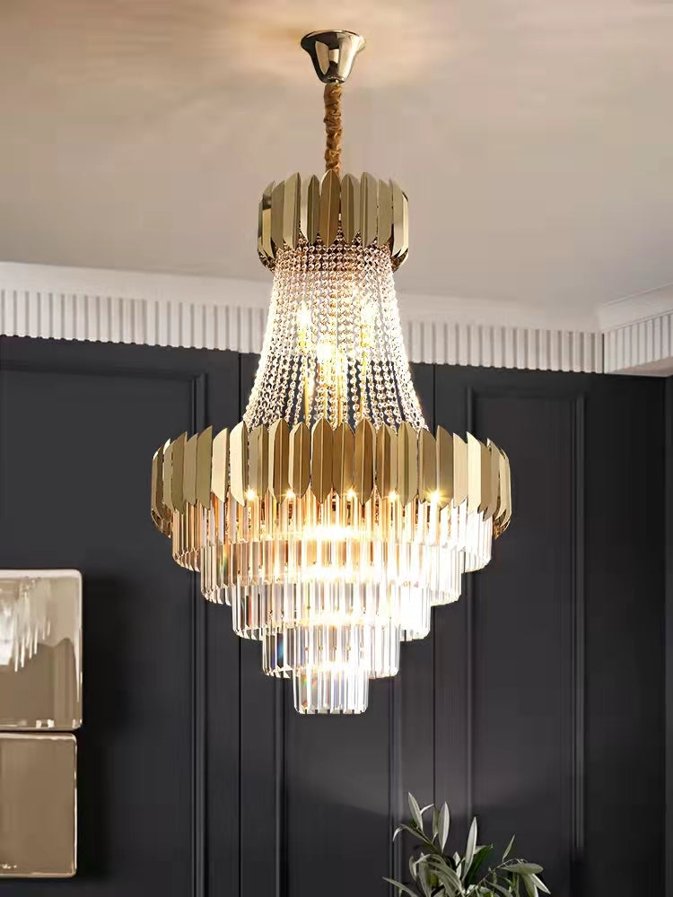 Golden Crystal Hallway Chandelier with Luxury Finish, Modern Ceiling Lamp for Living Room and Staircase