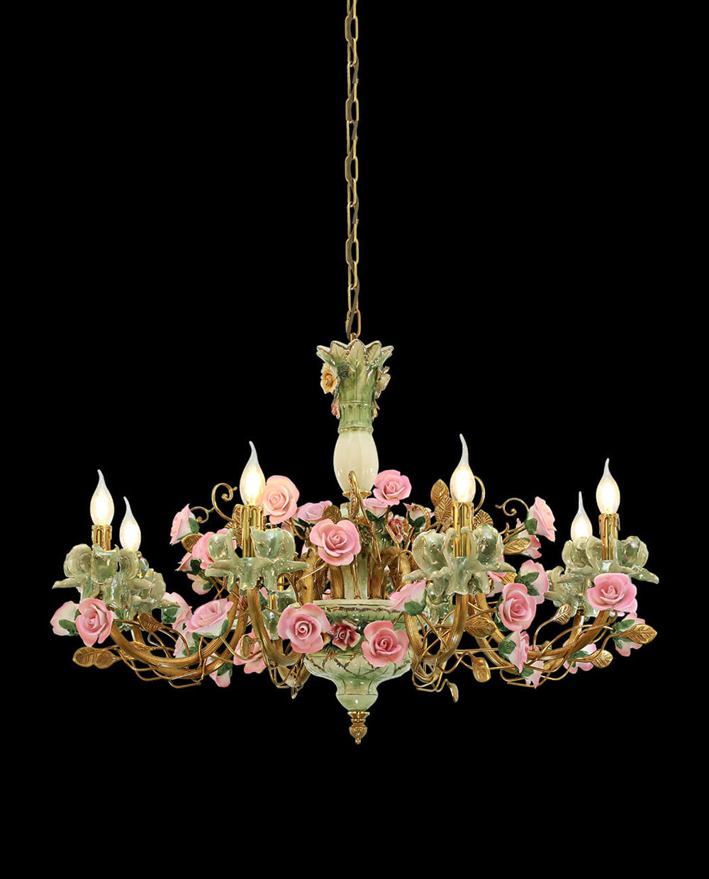 35X24 Inch 8 Lights Brass Chandelier and Green & Pink Porcelain Flower Chandelier