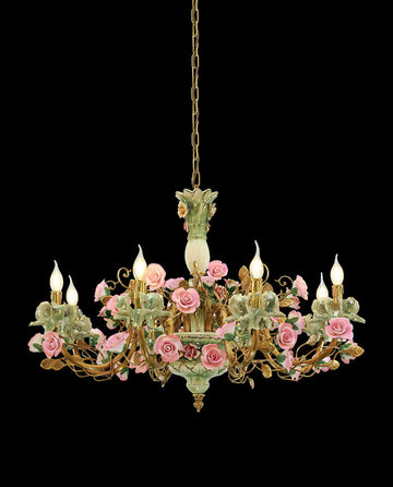 35X24 Inch 8 Lights Brass Chandelier and Green & Pink Porcelain Flower Chandelier