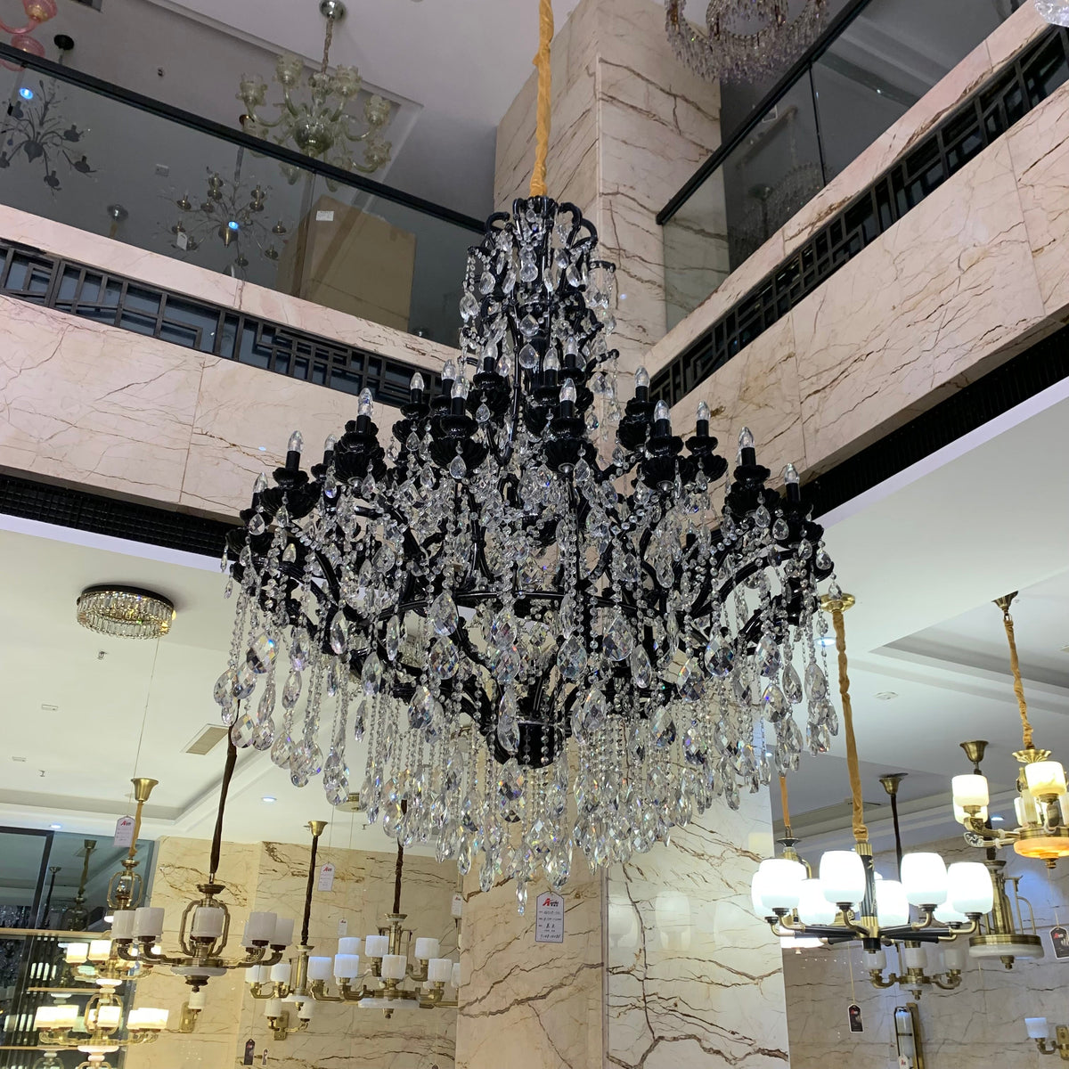 Extra Large Tiered Crystal Candle Chandelier with Black Metal Finish for Living Room Foyer Staircase Hotel